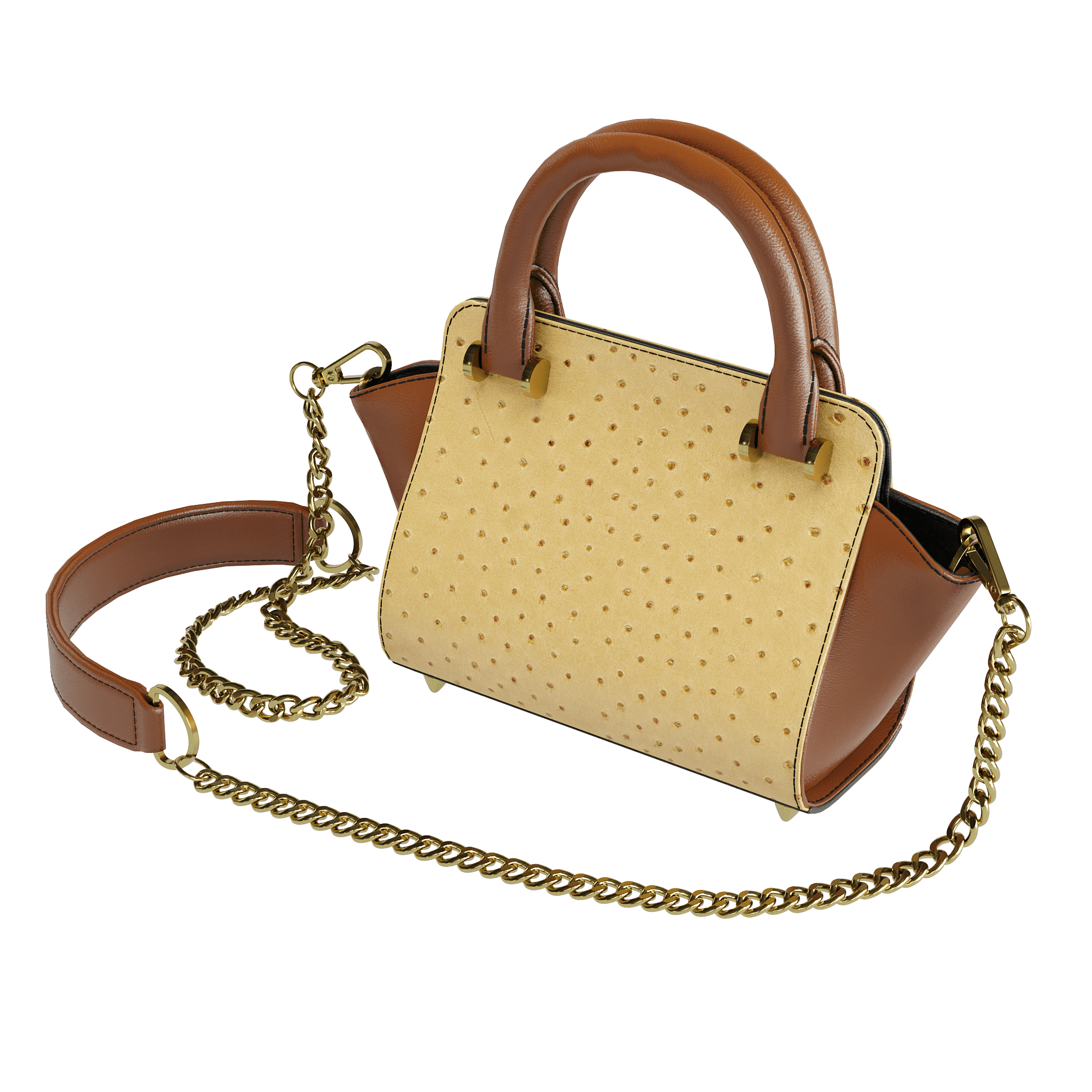 Luxury Saddle Brown Ostrich Handbag With Flared Brown Gussets