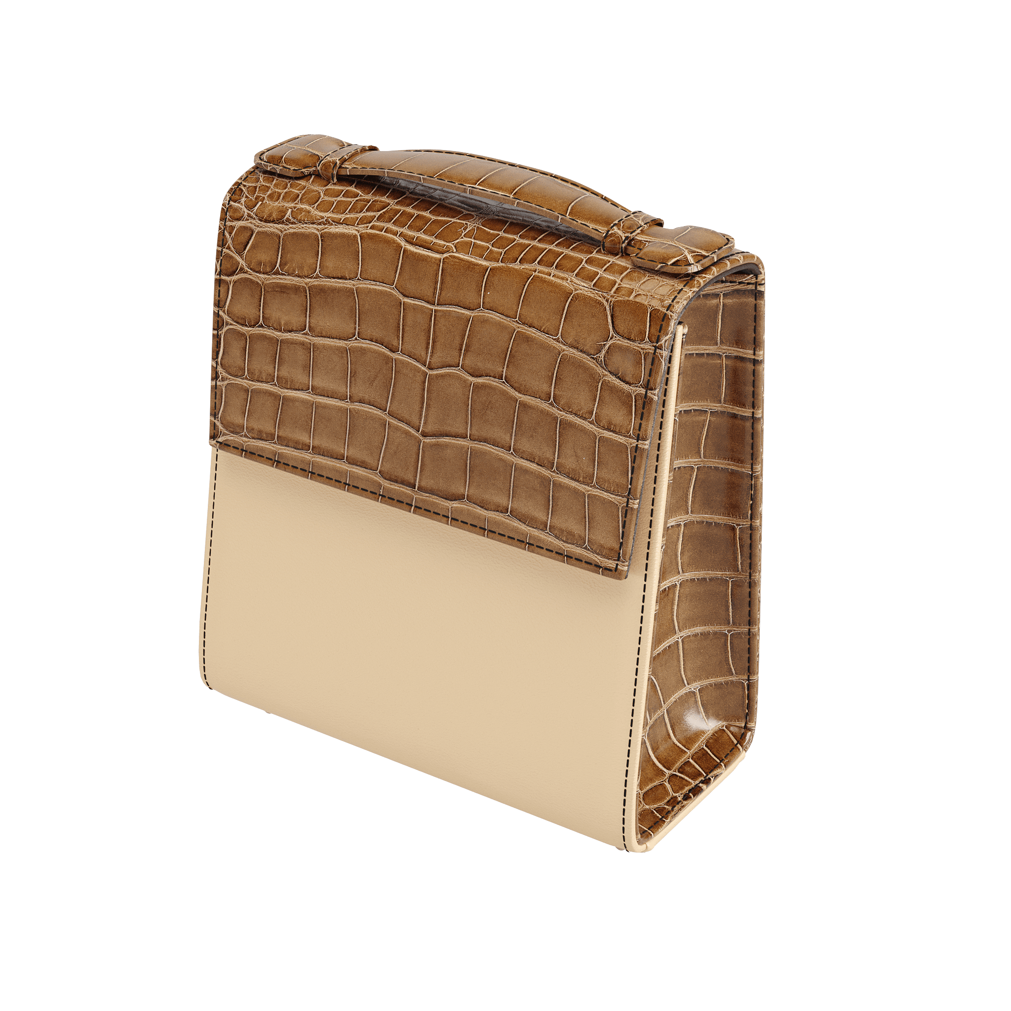 Box Design Handbag With Authentic Brown Alligator and Natural Vachetta