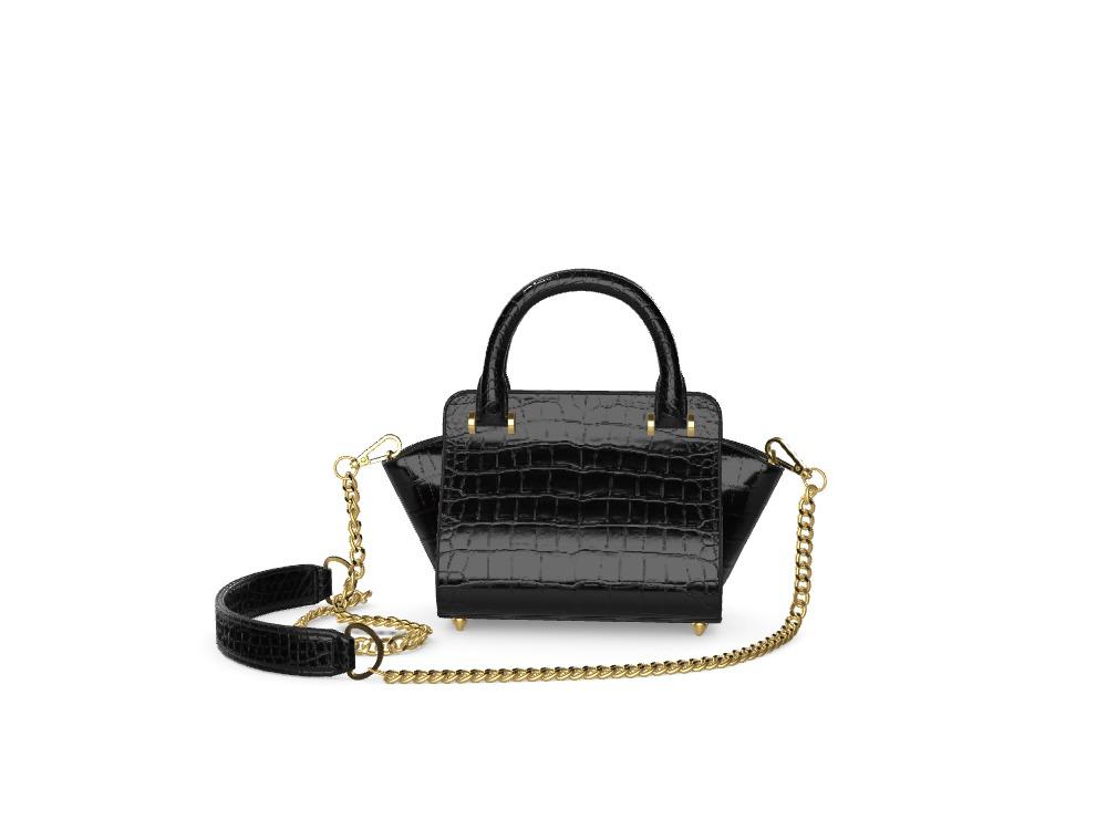 Luxury Glossy Black Alligator Handbag With Flared Gussets - Zelli Handbags