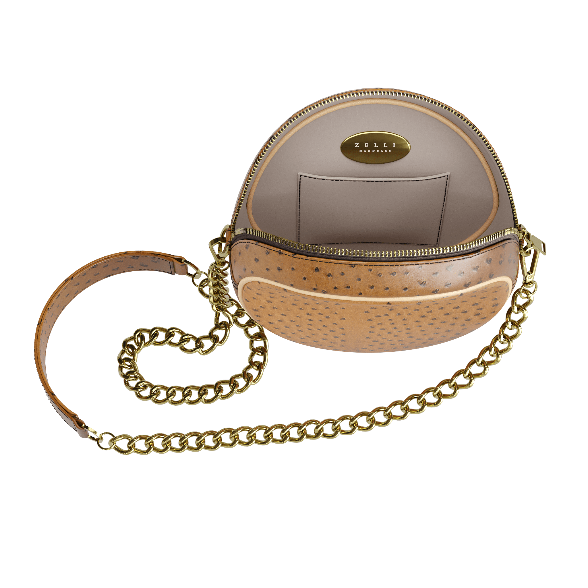 Tobacco Ostrich Canteen Bag With Natural Vegetable Tanned Piping - Zelli Handbags