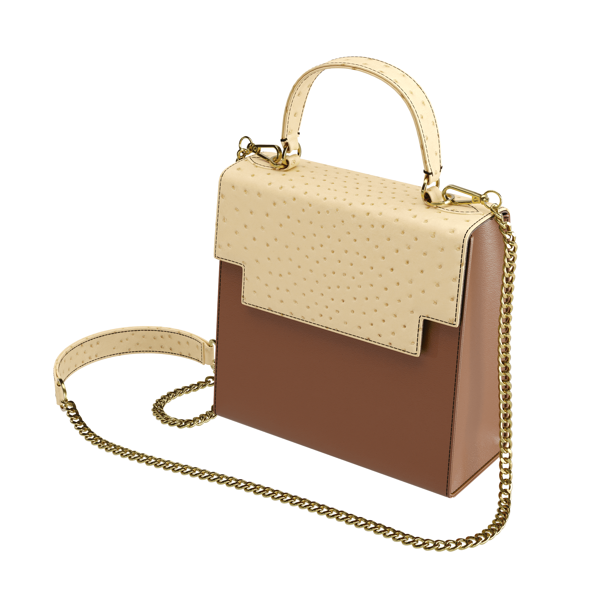 Wheat Ostrich & Rich Brown Vegetable Tanned Box Handbag - Zelli Handbags